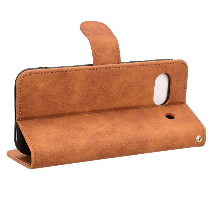 Brown magnetic flip leather phone case for Google Pixel 8a, showcasing its elegant design and card slots.