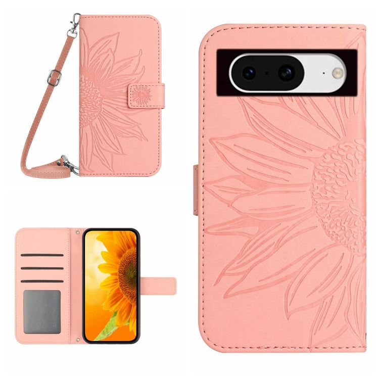 Stylish Sun Flower Embossed Flip Leather Phone Case for Google Pixel 8a, showcasing its elegant design and functional features.