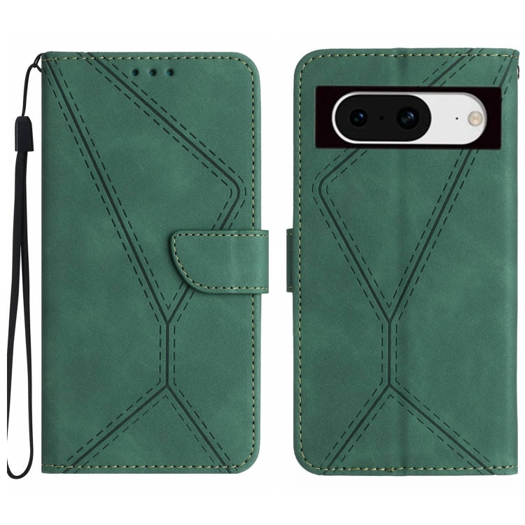 Green stitching embossed leather phone case for Google Pixel 8a with card slots and kickstand feature.