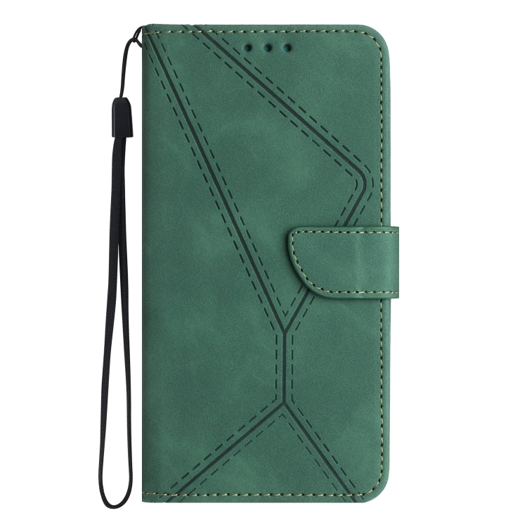 Green stitching embossed leather phone case for Google Pixel 8a with card slots and kickstand feature.