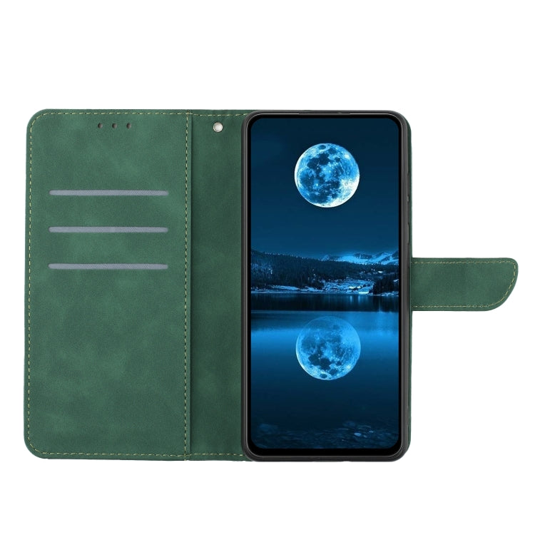 Green stitching embossed leather phone case for Google Pixel 8a with card slots and kickstand feature.