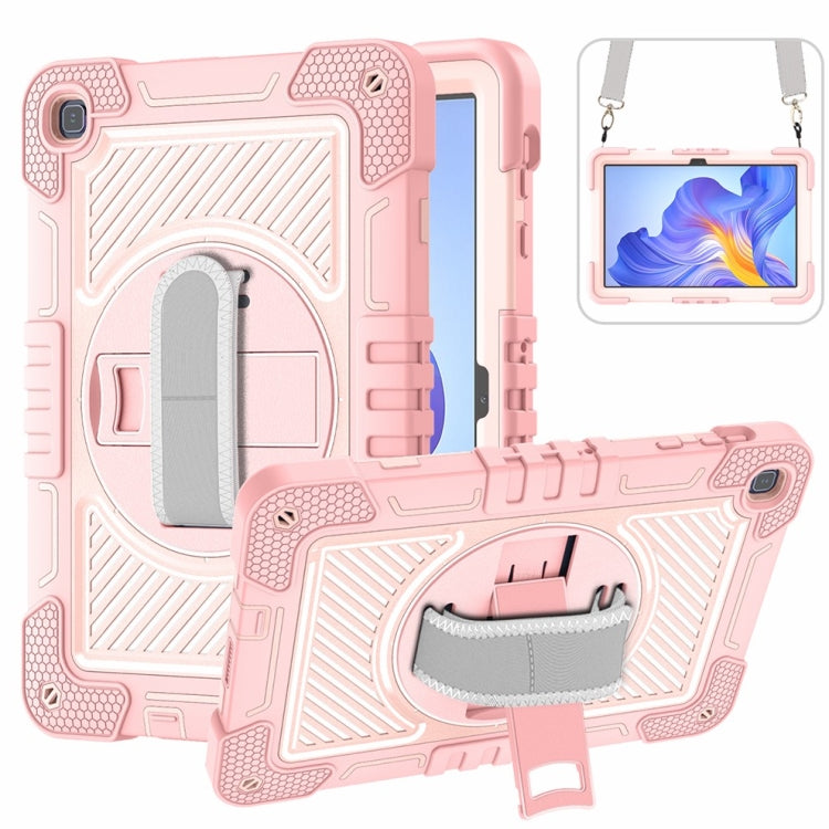 For Honor Pad X8 360 Degree Rotation Silicone Tablet Case with shoulder strap and stand function, showcasing its durable design.