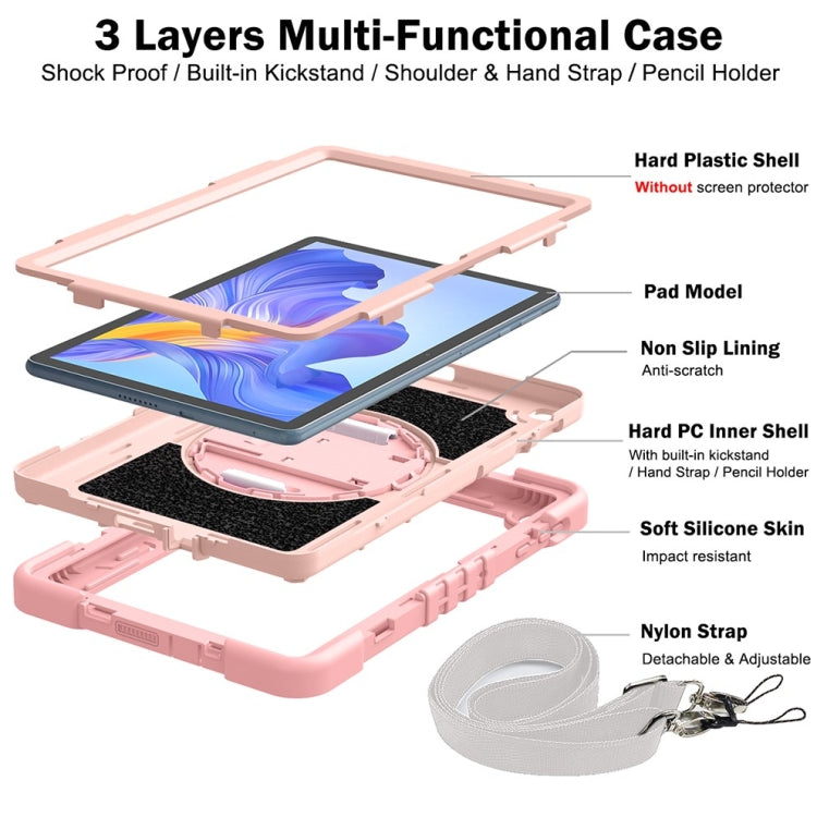 For Honor Pad X8 360 Degree Rotation Silicone Tablet Case with shoulder strap and stand function, showcasing its durable design.