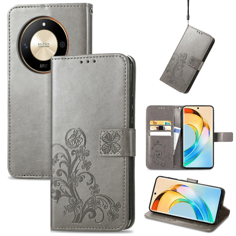 For Honor X50 Four-leaf Clasp Embossed Leather Phone Case in Gray with four-leaf clover design, showcasing its elegant and functional features.