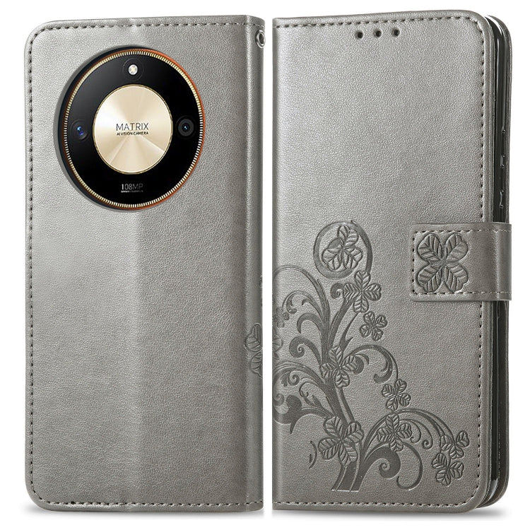 For Honor X50 Four-leaf Clasp Embossed Leather Phone Case in Gray with four-leaf clover design, showcasing its elegant and functional features.