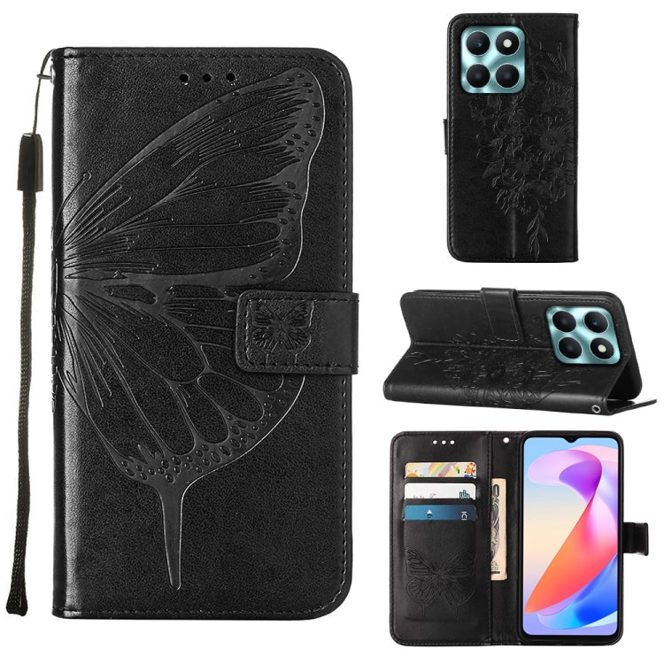 For Honor X6a Embossed Butterfly Leather Phone Case in black, showcasing its elegant design and functional features.