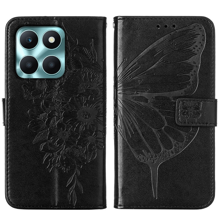 For Honor X6a Embossed Butterfly Leather Phone Case in black, showcasing its elegant design and functional features.