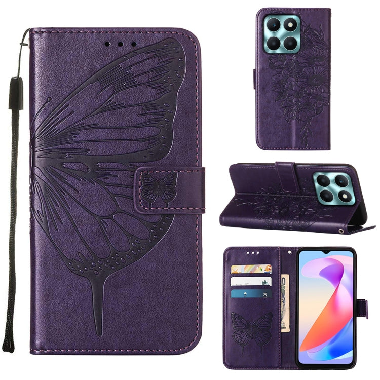 Dark purple embossed butterfly leather phone case designed for Honor X6a, showcasing its elegant design and practical features.