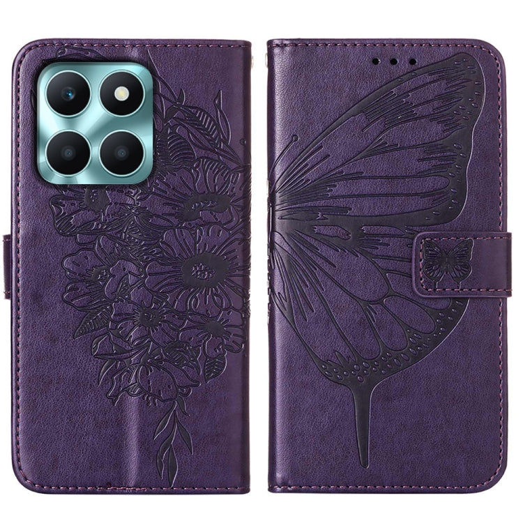 Dark purple embossed butterfly leather phone case designed for Honor X6a, showcasing its elegant design and practical features.