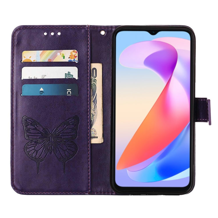 Dark purple embossed butterfly leather phone case designed for Honor X6a, showcasing its elegant design and practical features.