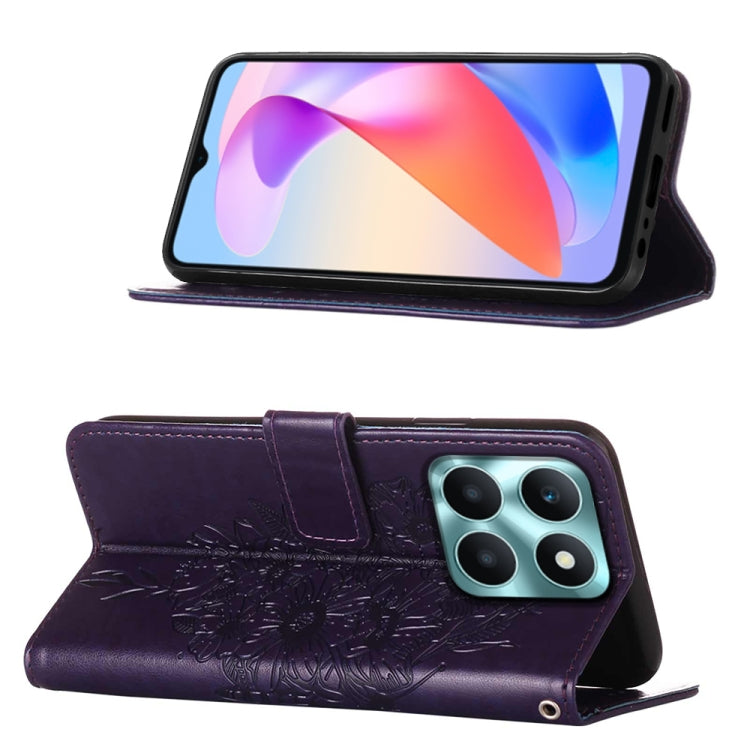 Dark purple embossed butterfly leather phone case designed for Honor X6a, showcasing its elegant design and practical features.