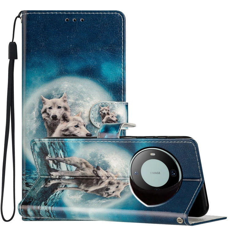 Huawei Mate 60 Colored Drawing Leather Phone Case featuring Twin Wolves design, showcasing durability and stylish protection.