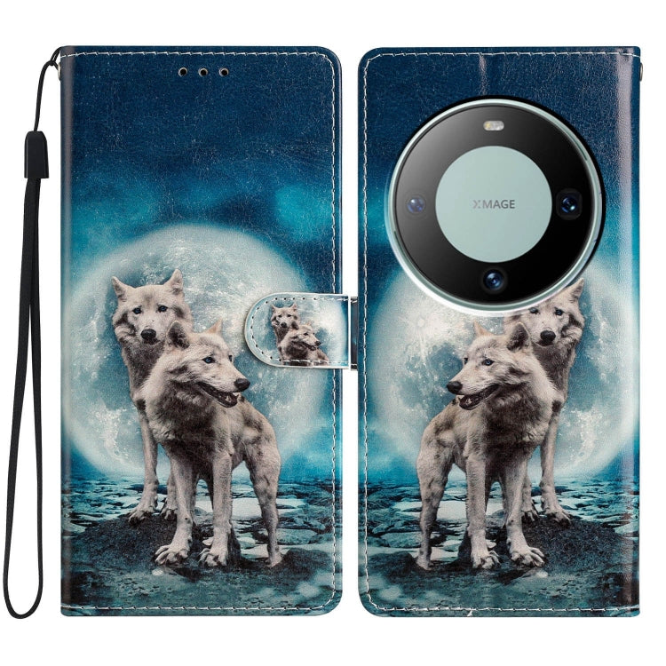 Huawei Mate 60 Colored Drawing Leather Phone Case featuring Twin Wolves design, showcasing durability and stylish protection.