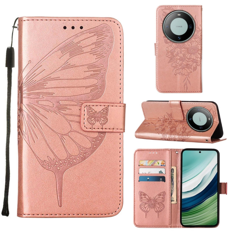 Rose Gold Embossed Butterfly Leather Phone Case for Huawei Mate 60, showcasing elegant design and card slot functionality.