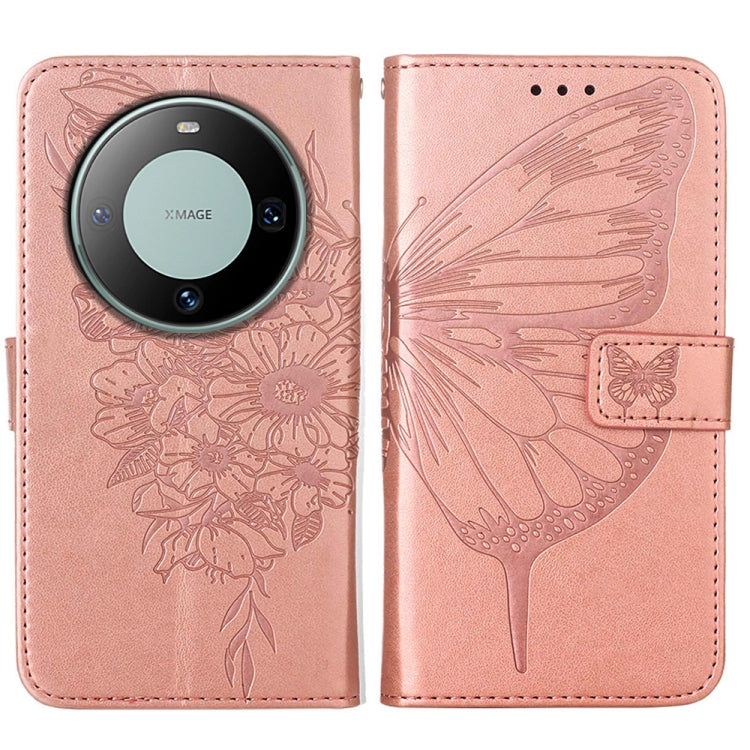 Rose Gold Embossed Butterfly Leather Phone Case for Huawei Mate 60, showcasing elegant design and card slot functionality.