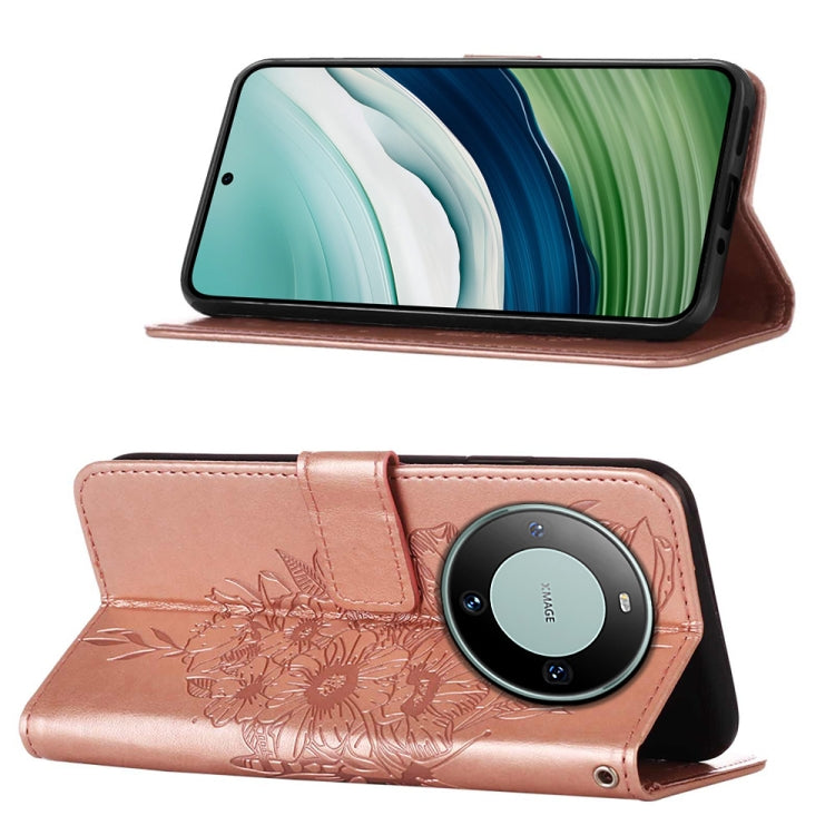 Rose Gold Embossed Butterfly Leather Phone Case for Huawei Mate 60, showcasing elegant design and card slot functionality.