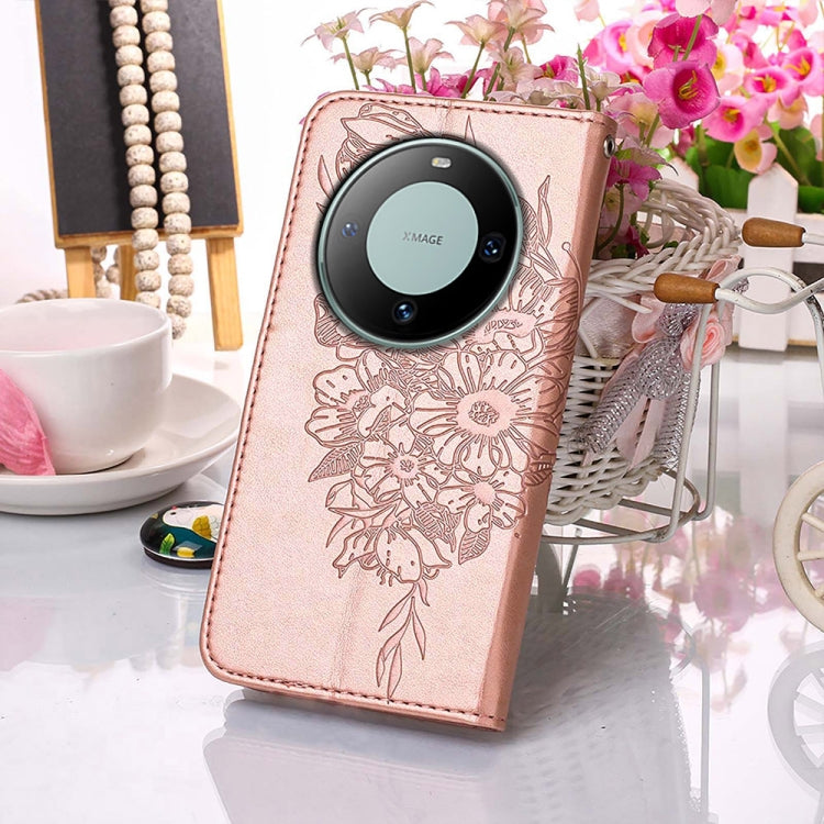 Rose Gold Embossed Butterfly Leather Phone Case for Huawei Mate 60, showcasing elegant design and card slot functionality.