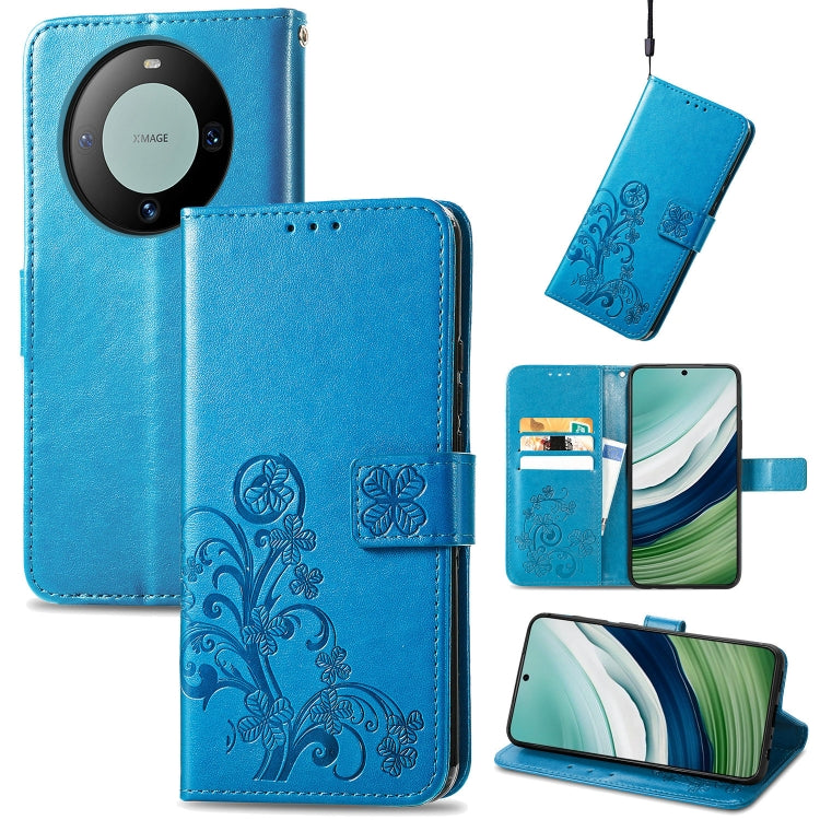 Blue embossed leather phone case for Huawei Mate 60 with four-leaf clasp design, showcasing elegance and functionality.