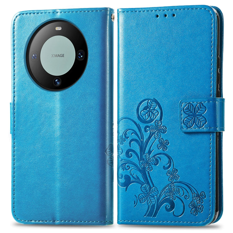 Blue embossed leather phone case for Huawei Mate 60 with four-leaf clasp design, showcasing elegance and functionality.