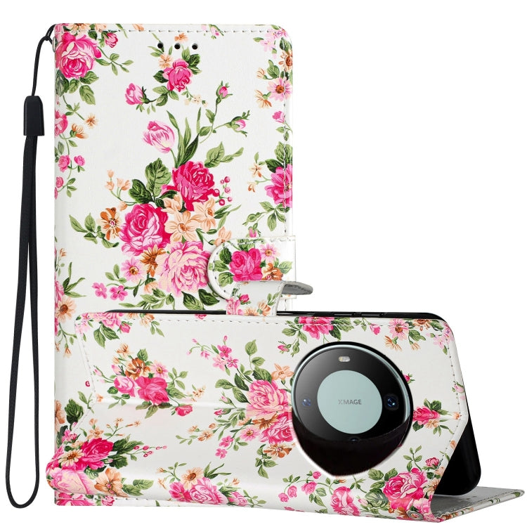 Huawei Mate 60 Pro Colored Drawing Leather Phone Case featuring a beautiful Peonies design, showcasing its stylish and functional attributes.