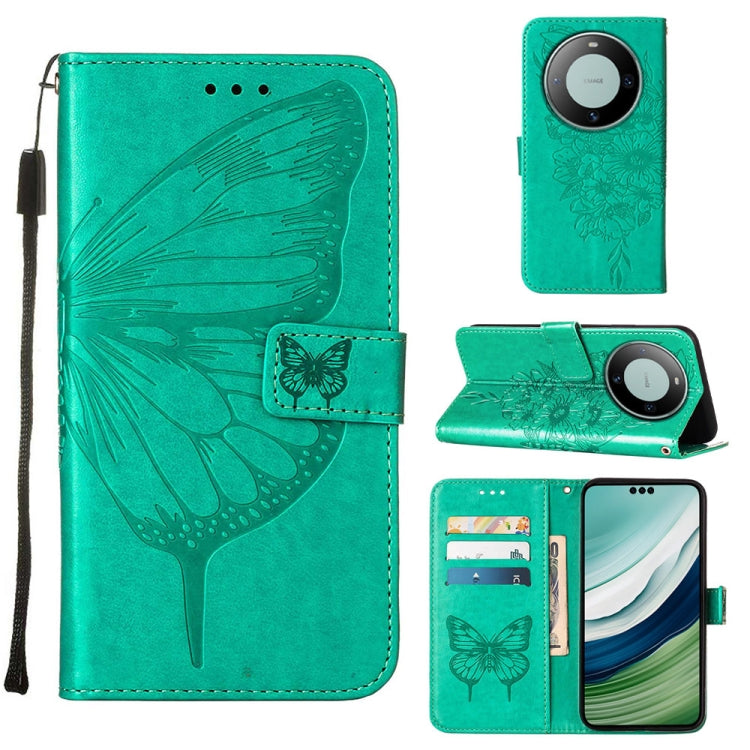 Green embossed butterfly leather phone case for Huawei Mate 60 Pro, showcasing its elegant design and card slot feature.