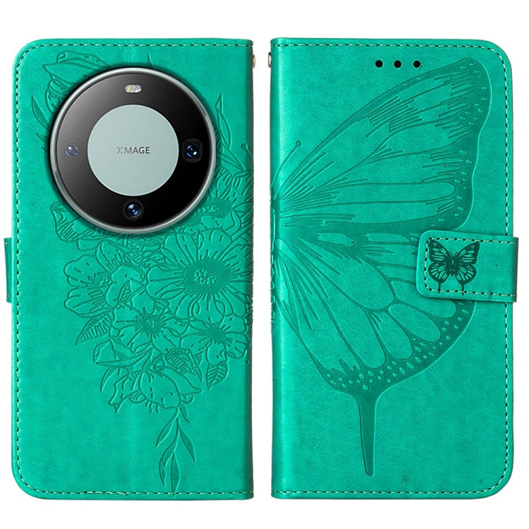 Green embossed butterfly leather phone case for Huawei Mate 60 Pro, showcasing its elegant design and card slot feature.