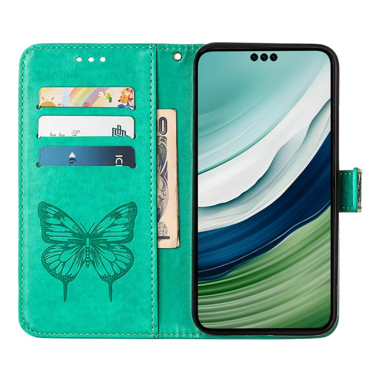 Green embossed butterfly leather phone case for Huawei Mate 60 Pro, showcasing its elegant design and card slot feature.