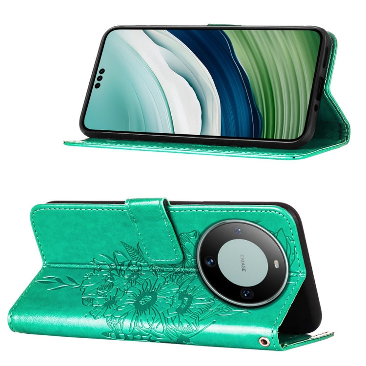 Green embossed butterfly leather phone case for Huawei Mate 60 Pro, showcasing its elegant design and card slot feature.