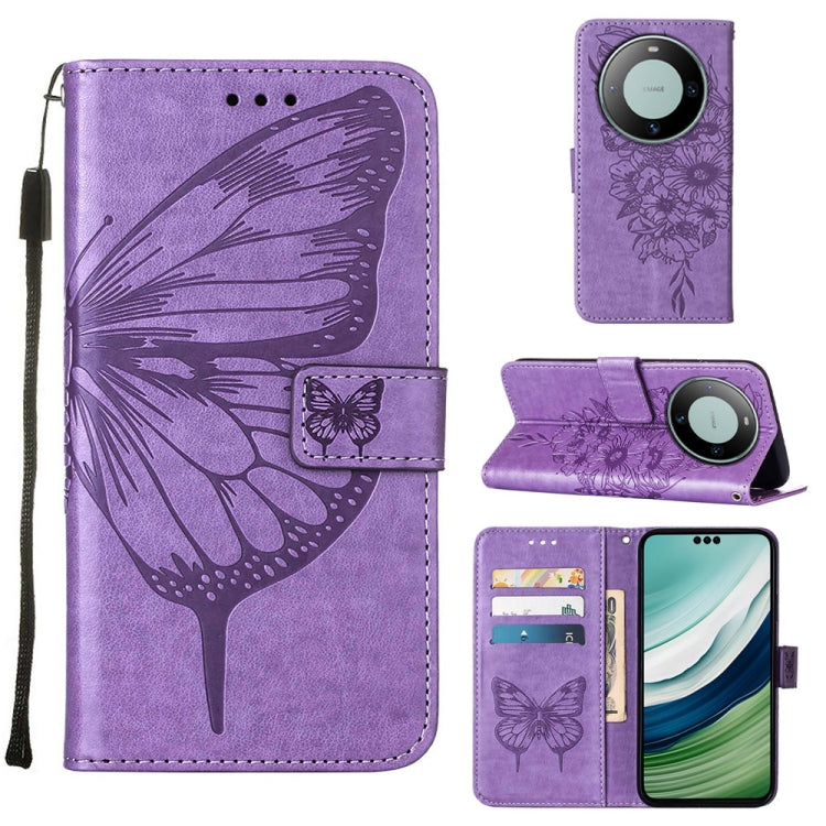 Purple embossed butterfly leather phone case designed for Huawei Mate 60 Pro, showcasing its elegant design and functional features.