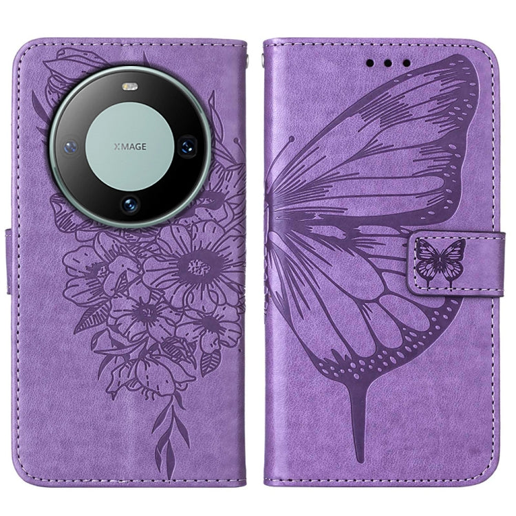 Purple embossed butterfly leather phone case designed for Huawei Mate 60 Pro, showcasing its elegant design and functional features.