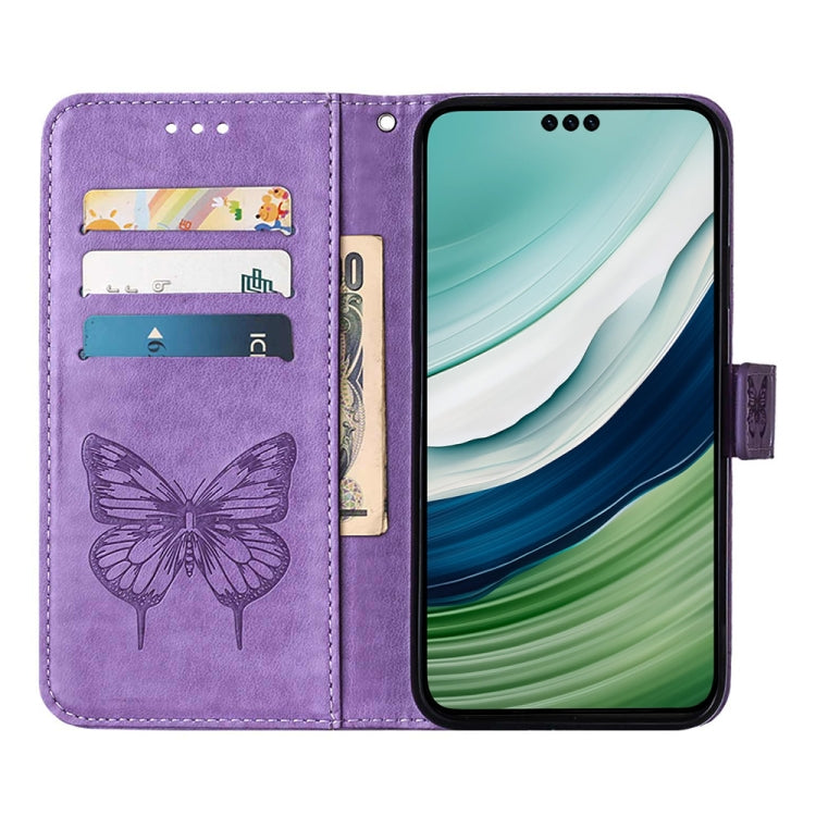 Purple embossed butterfly leather phone case designed for Huawei Mate 60 Pro, showcasing its elegant design and functional features.