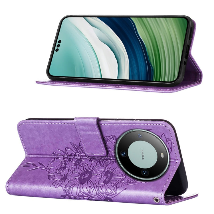 Purple embossed butterfly leather phone case designed for Huawei Mate 60 Pro, showcasing its elegant design and functional features.