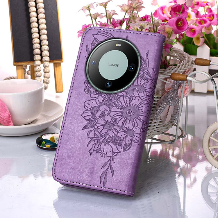 Purple embossed butterfly leather phone case designed for Huawei Mate 60 Pro, showcasing its elegant design and functional features.