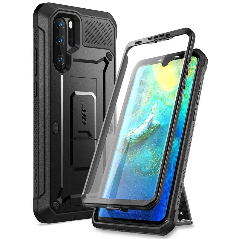 UB Pro Heavy Duty Full-Body Case for Huawei P30 Pro, featuring a built-in screen protector and kickstand in black and blue colors.