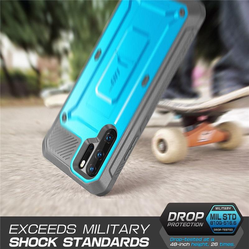 UB Pro Heavy Duty Full-Body Case for Huawei P30 Pro, featuring a built-in screen protector and kickstand in black and blue colors.