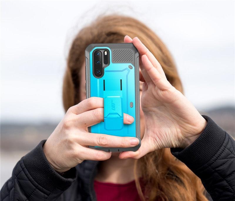 UB Pro Heavy Duty Full-Body Case for Huawei P30 Pro, featuring a built-in screen protector and kickstand in black and blue colors.