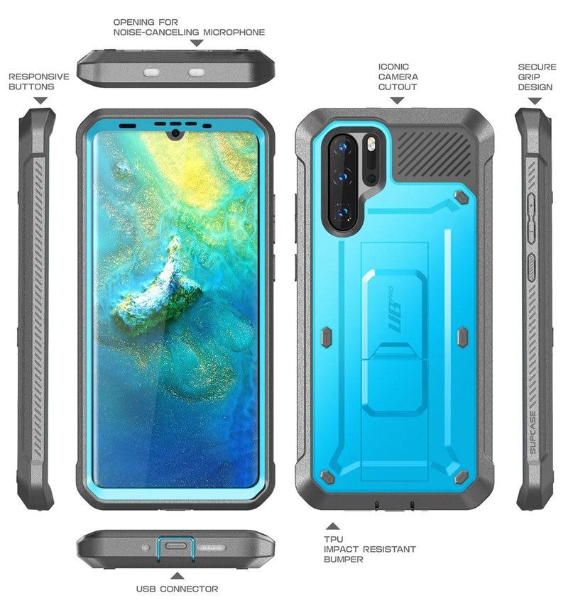 UB Pro Heavy Duty Full-Body Case for Huawei P30 Pro, featuring a built-in screen protector and kickstand in black and blue colors.