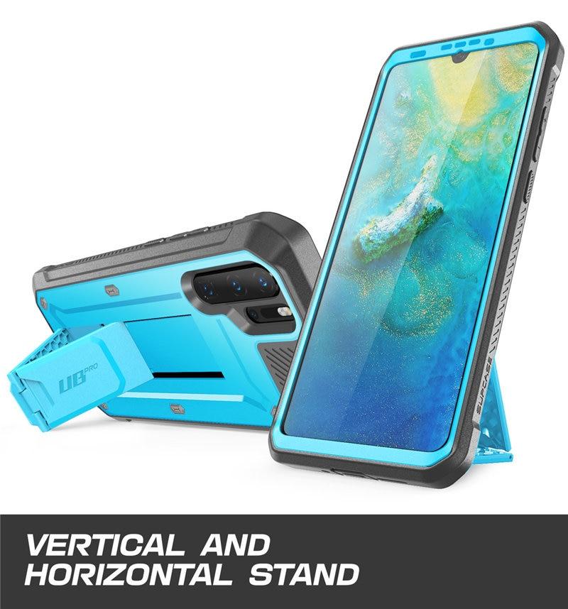 UB Pro Heavy Duty Full-Body Case for Huawei P30 Pro, featuring a built-in screen protector and kickstand in black and blue colors.