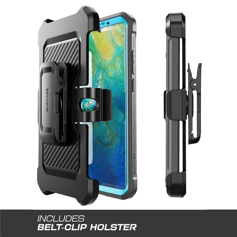 UB Pro Heavy Duty Full-Body Case for Huawei P30 Pro, featuring a built-in screen protector and kickstand in black and blue colors.