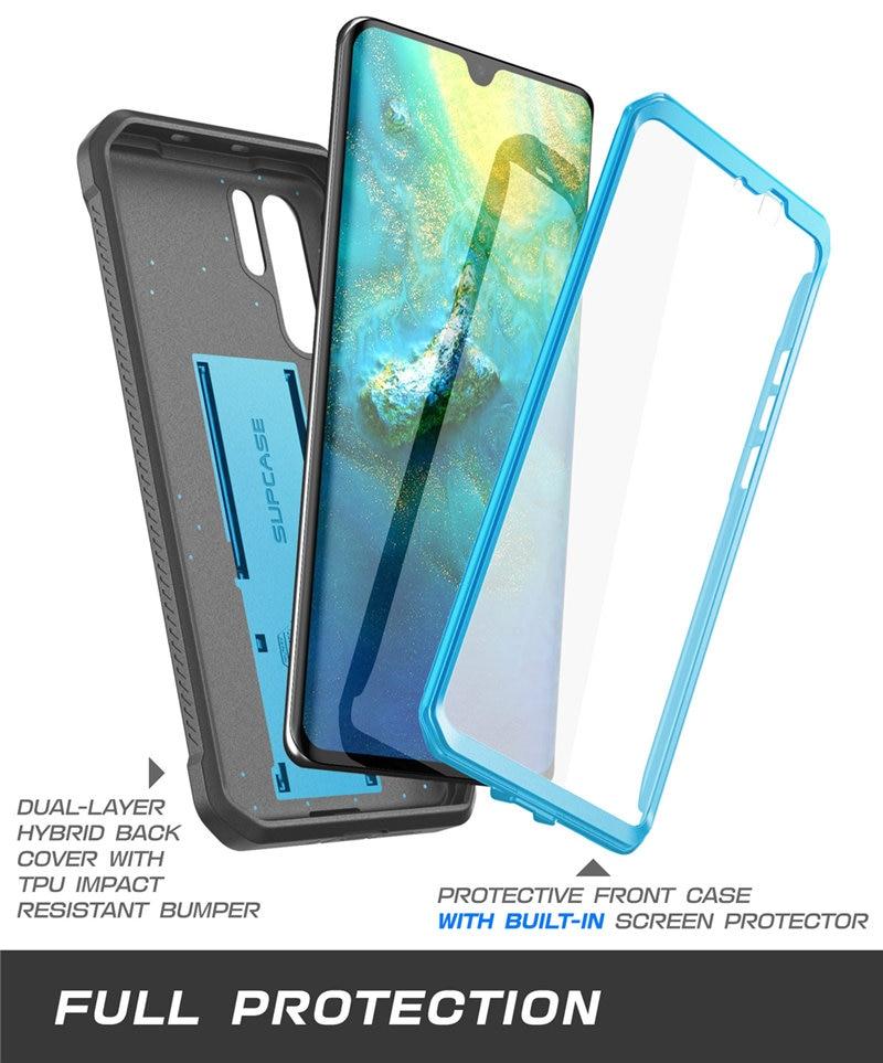 UB Pro Heavy Duty Full-Body Case for Huawei P30 Pro, featuring a built-in screen protector and kickstand in black and blue colors.