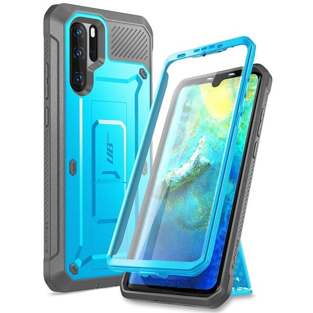 UB Pro Heavy Duty Full-Body Case for Huawei P30 Pro, featuring a built-in screen protector and kickstand in black and blue colors.