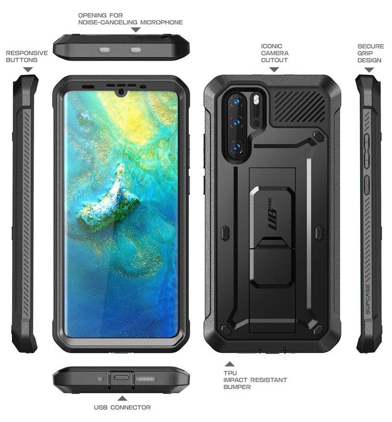 UB Pro Heavy Duty Full-Body Case for Huawei P30 Pro, featuring a built-in screen protector and kickstand in black and blue colors.