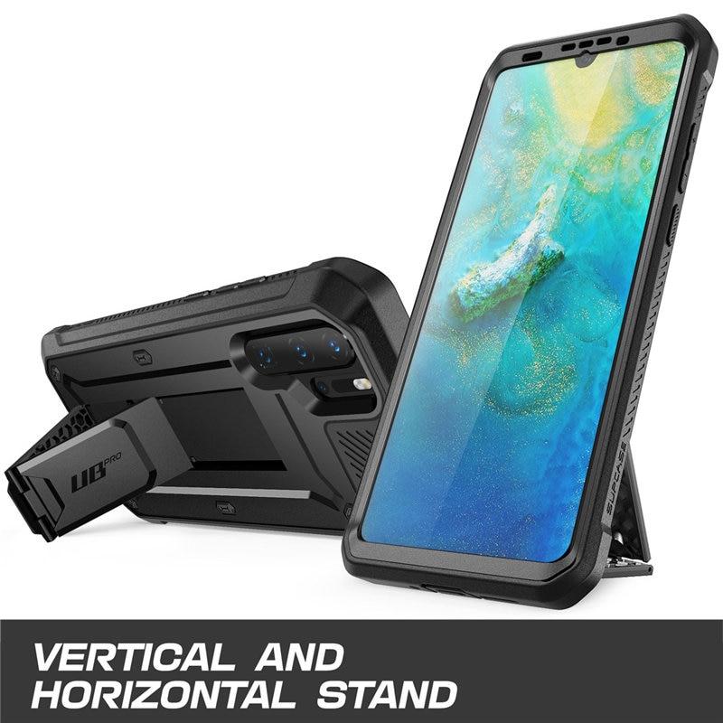 UB Pro Heavy Duty Full-Body Case for Huawei P30 Pro, featuring a built-in screen protector and kickstand in black and blue colors.