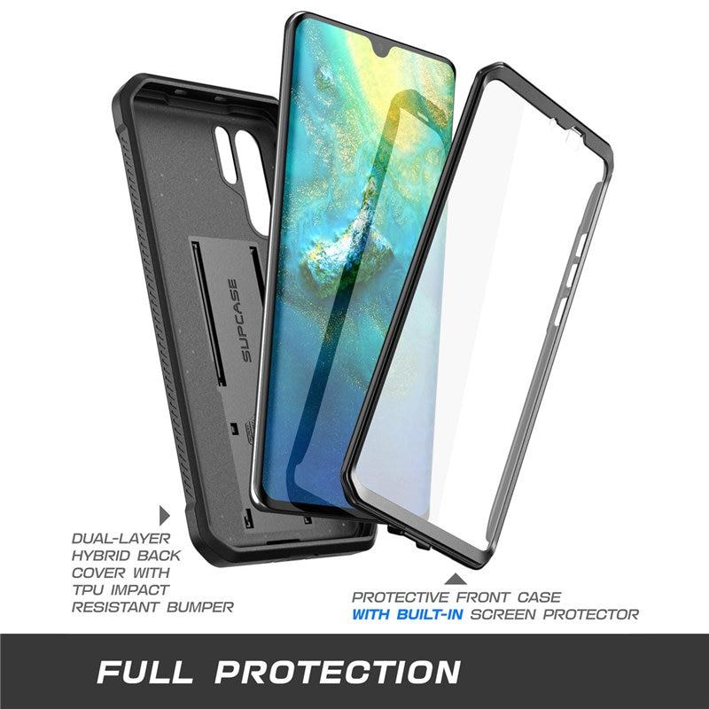 UB Pro Heavy Duty Full-Body Case for Huawei P30 Pro, featuring a built-in screen protector and kickstand in black and blue colors.