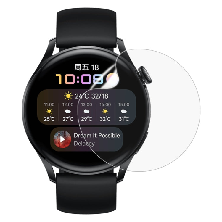 Soft Hydrogel Film Screen Protector for Huawei Watch 3, showcasing its clarity and precise fit on the watch screen.