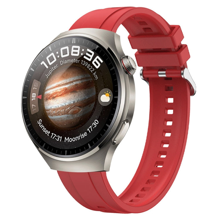 Red silicone watch band with tire pattern and silver buckle for Huawei Watch 4.