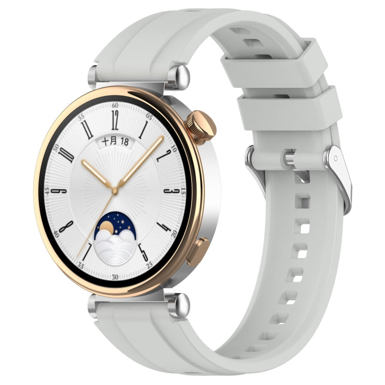 Official Steps Style Silver Buckle Silicone Strap for Huawei Watch GT4 41mm, showcasing its sleek design and comfortable material.