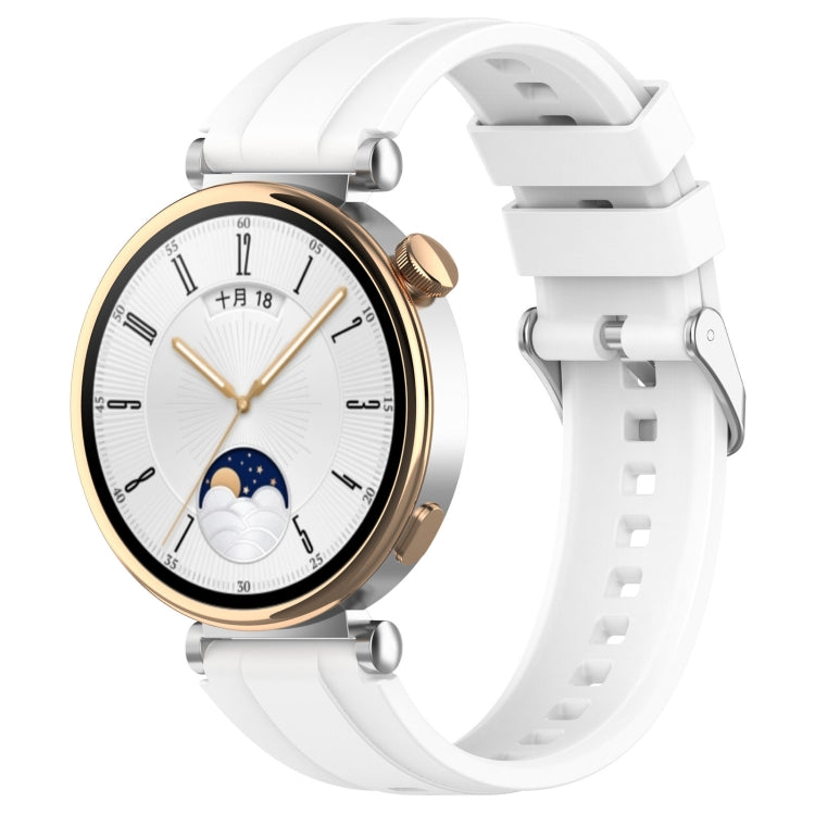 Official Steps Style Silver Buckle Silicone Strap for Huawei Watch GT4 41mm, showcasing its sleek design and soft silicone material.