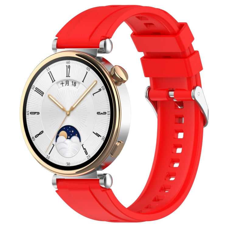 Official Steps Style Silver Buckle Silicone Strap for Huawei Watch GT4 41mm, showcasing its sleek design and soft silicone material.