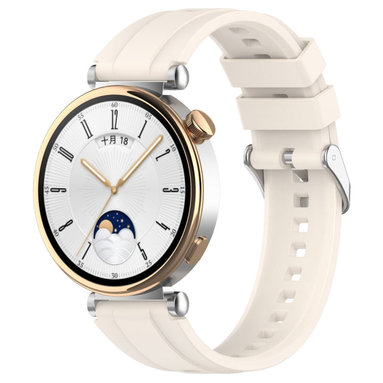 Stylish silver buckle silicone strap for Huawei Watch GT4 41mm, showcasing its soft texture and thickened design.